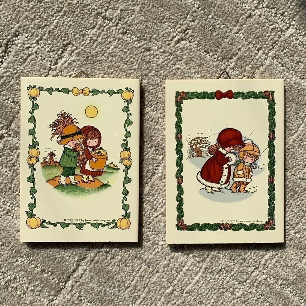 VINTAGE 1970s West Germany Joan Walsh Anglund Set of 2 Fall Winter Ceramic Tiles